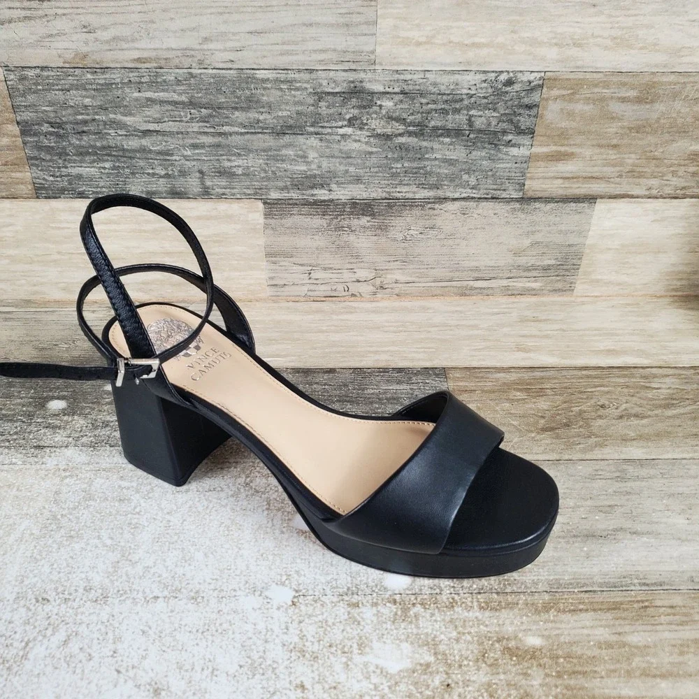 Vince Camuto Pendreya Womens Sandals Sz 7.5 M Black Baby Sheep Block Heel‎